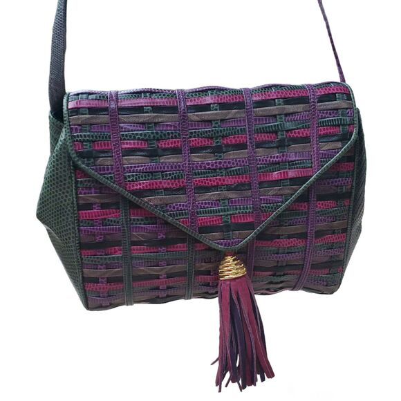 Sharif multi-color leather bag with woven detailing & front tassel, made in USA - Picture 12 of 12